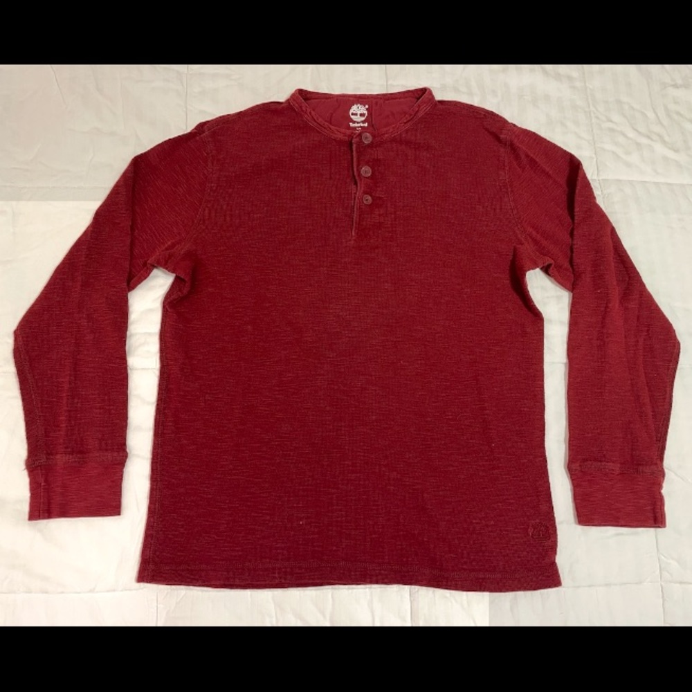 Timberland Men Henley Shirt Size Large Red Waffle Knit Thermal Logo Long Sleeve